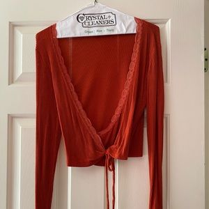 Urban Outfitters Ribbed Lace Trim Wrap Top